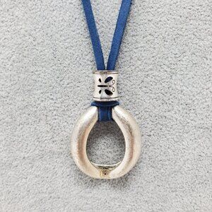 Silver Pendant on Blue Suede Necklace and Eyeglass Holder